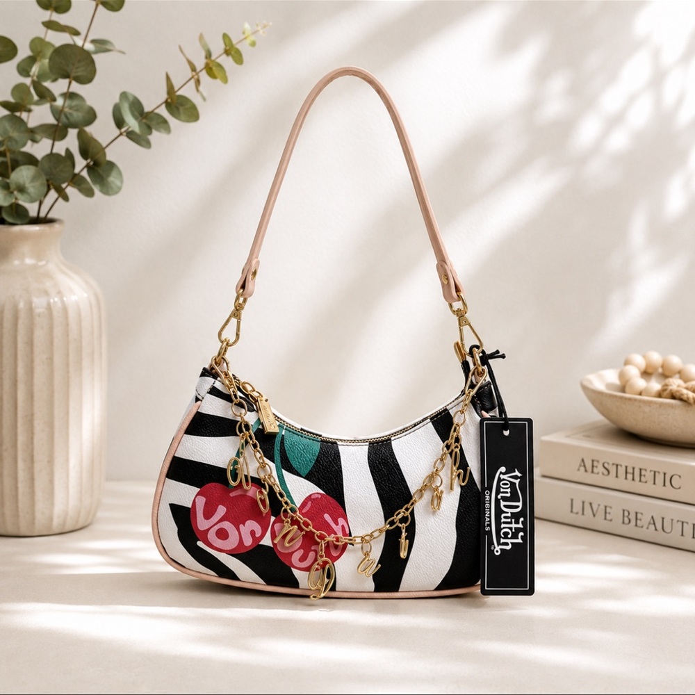 Von Dutch Zebra Cherry Shoulder Bag – Y2K Mini Baguette Style – NWT